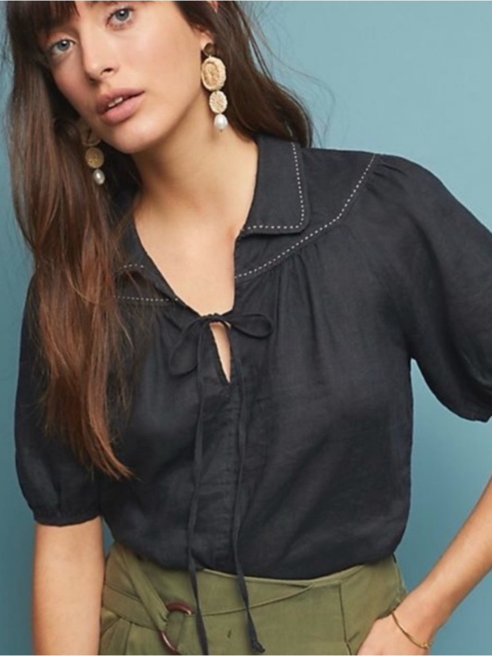 Anthropologie Collared Linen Black Blouse Puff Sleeve Boho Minimalist